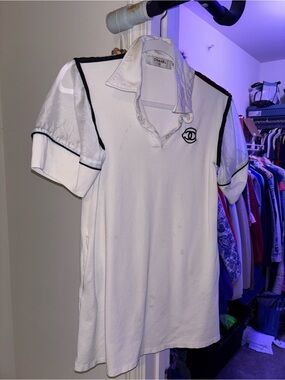 CHANEL White Polo with Black Trim and Embroidered Logo
